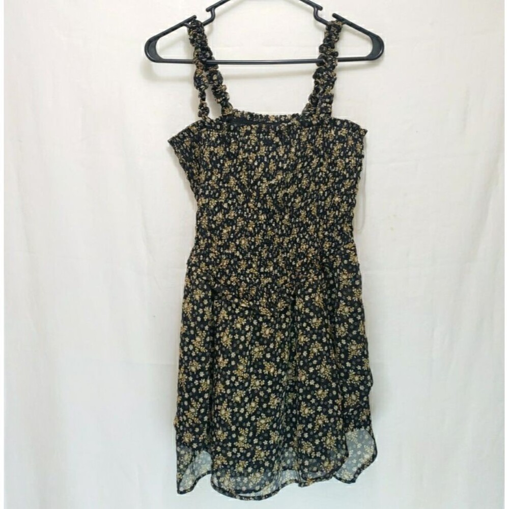American Eagle Smocked Mini Dress S Black Floral Ruffle Strap Lined Chiffon